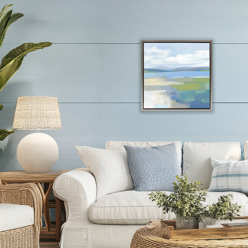 Cadre flottant Quiet Cove Seascape, design par Mona Grace, Cadre flottant gris lustré, H 18 po x l 18 po