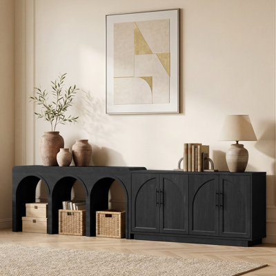 126"W Extra Long Arched Console Table with Storage, Entryway and Sofa Table with Open Shelves & 4 Doors
