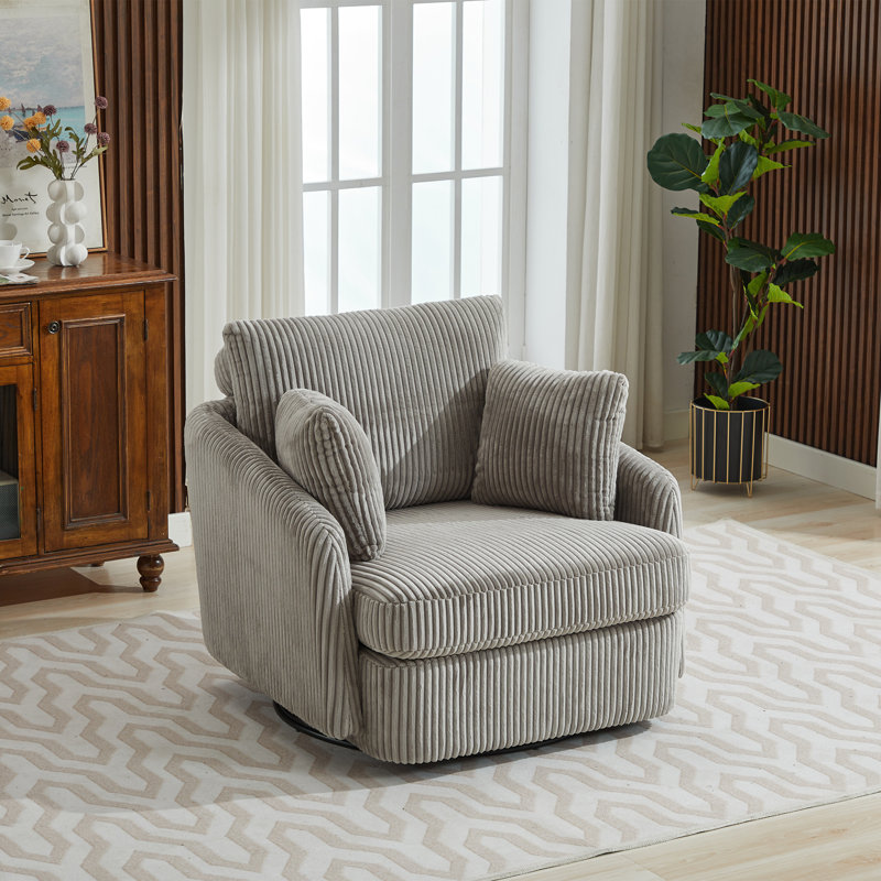 Upholstered Swivel Chair With 2 Side Pillows, Gray Corduroy