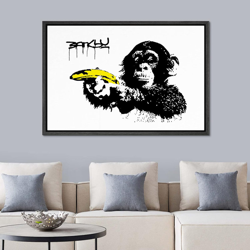 Singe Banksy avec banane, Cadre flottant noir, H 24 po x l 36 po x P 1,5 po