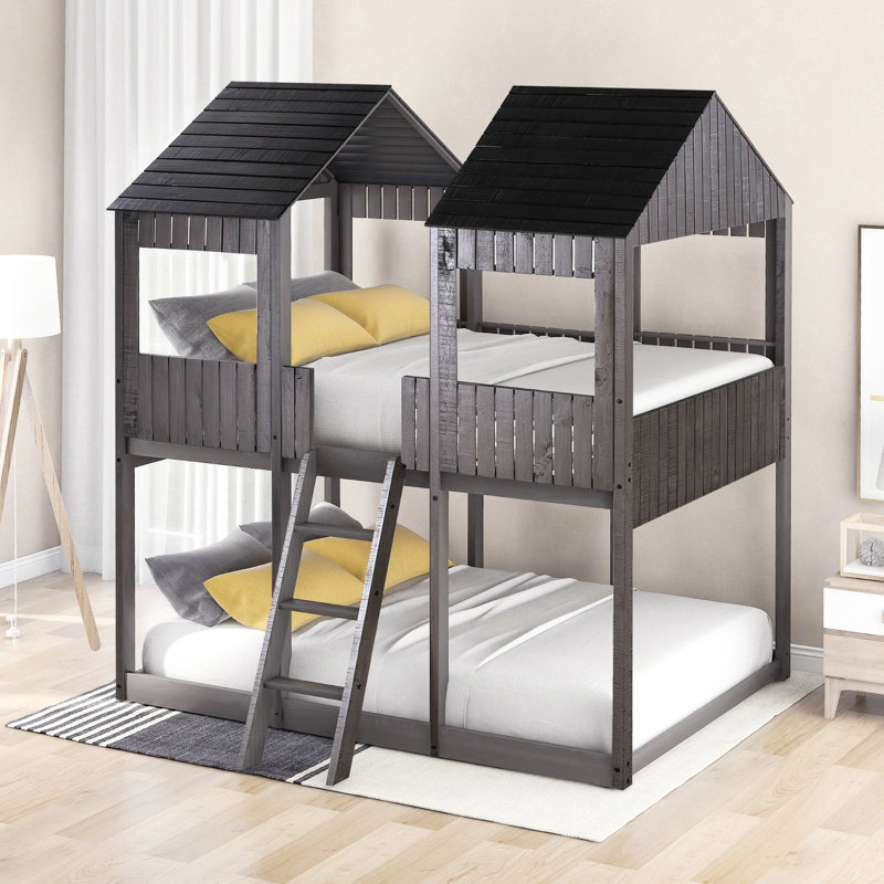 Lit superposé double en bois avec fenêtre - Améliore la ventilation de la chambre à coucher au-dessus de la barrière de sécurité grise antique et sécuritaire pour la famille