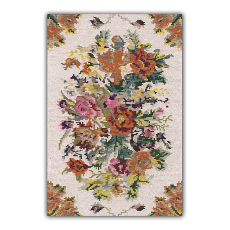 Tapis beige tissé multicolore Karabagh, Rectangle 4 pi 11,06 po x 7 pi 6,55 po