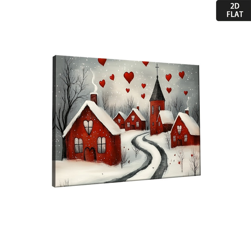 Impression sur toile Cozy Red Heart Winter Village - Urban Studio, 16*12 pouces (40*30*2 cm)