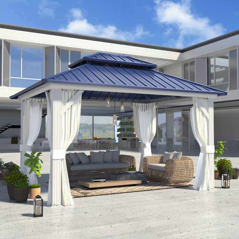 EROMMY 10' X 12' Hardtop Gazebo with Galvanized Steel Roof, All-Season Aluminum Outdoor Pergola with Netting & Curtains, Permanent Outdoor Pavilion with Curtain and Netting for Patio Lawn and Garden, Blue