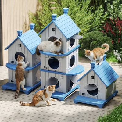 3-Piece Cat Cottage Set With 6 Rooms, Escape Door & Easy-Clean Resin Design(Blue)