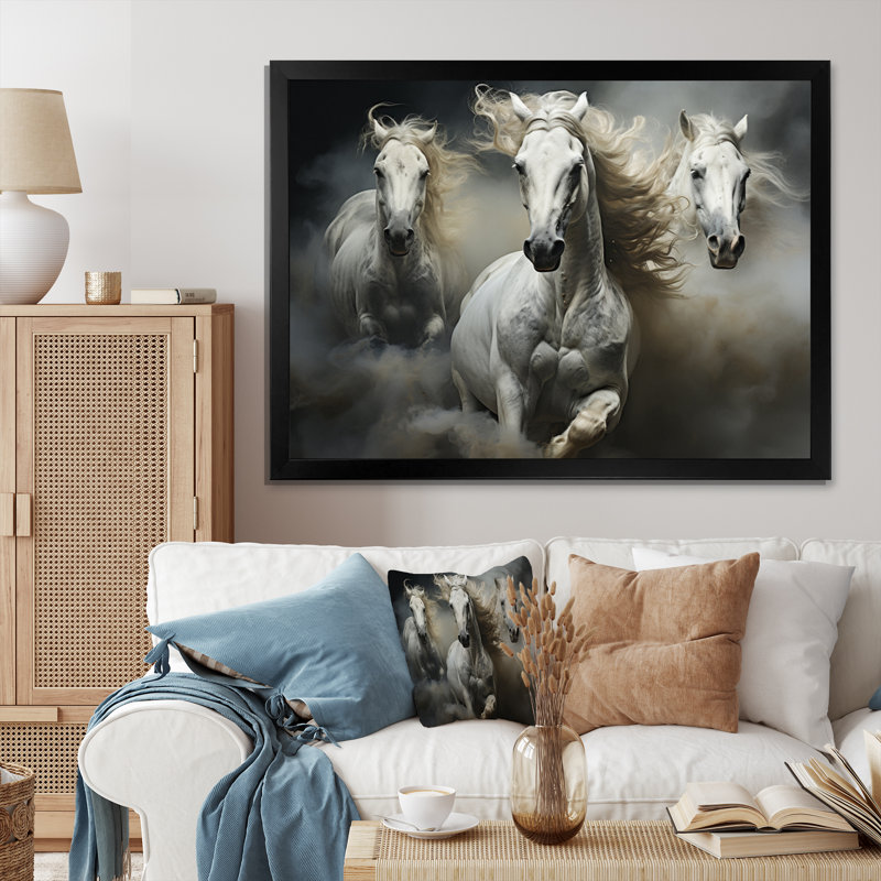 «White Beige Horse Equine Harmony», reproduction d'art sur toile encadrée, Cadre simple noir, H 12 po x l 20 po x P 1 po