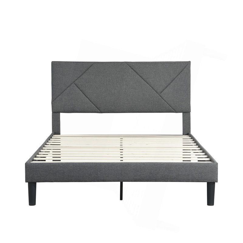 Structure de lit double tapissier pleine grandeur avec tête de lit, support de lattes en bois massif, sommier à ressorts, aucun sommier requis, assemblage facile, gris