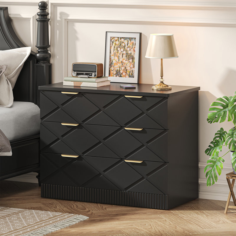 Large Modern Nightstand, 32" Wide Side Table With 3 Storage Drawers, Black Night Stand With Carved Diamond Design, Bedside End Table For Bedroom, Living Room, Closet