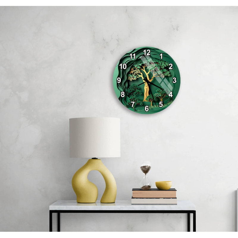 Horloge murale en verre trempé arbre de vie, 14 pouces, Blanc, romain