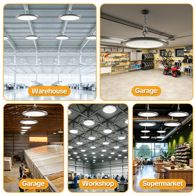 Paquet de 6 lumières à DEL haute hauteur UFO 150W, 30000LM, lumière du jour 6000K, prise américaine, IP65, lumières commerciales étanches pour entrepôt, usine, atelier, garage et grange, fixation au plafond, prêt à l'emploi