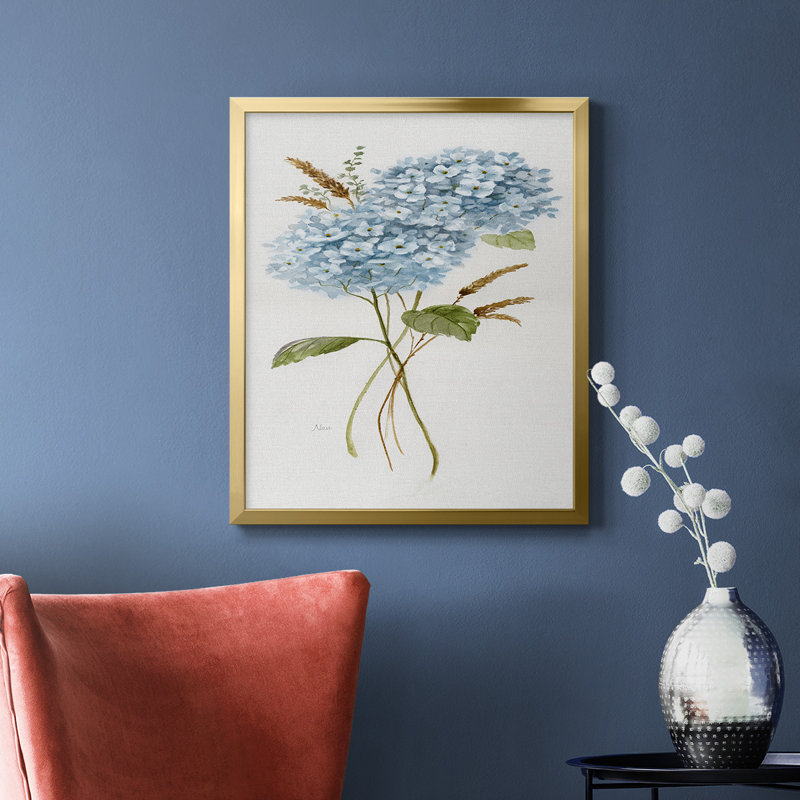 Petite hortensia bleue I, toile encadrée de qualité supérieure - prête à être accrochée, Cadre doré, H 20 po x l 16 po
