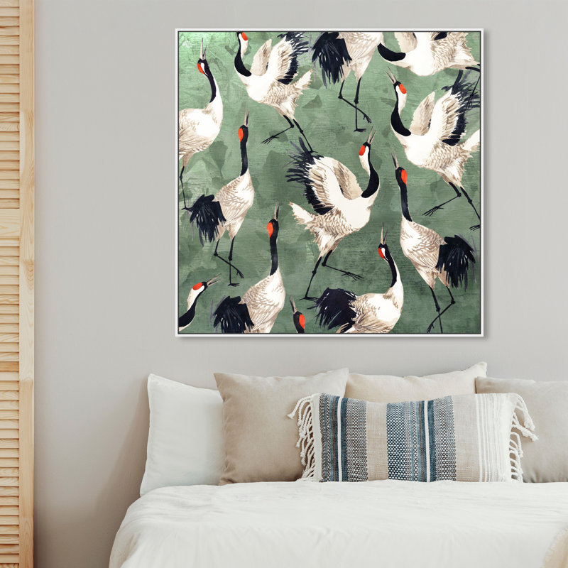 «Animals Grazing Cranes Birds», impression sur toile, H 20 po x l 20 po, Toile encadrée, Noir
