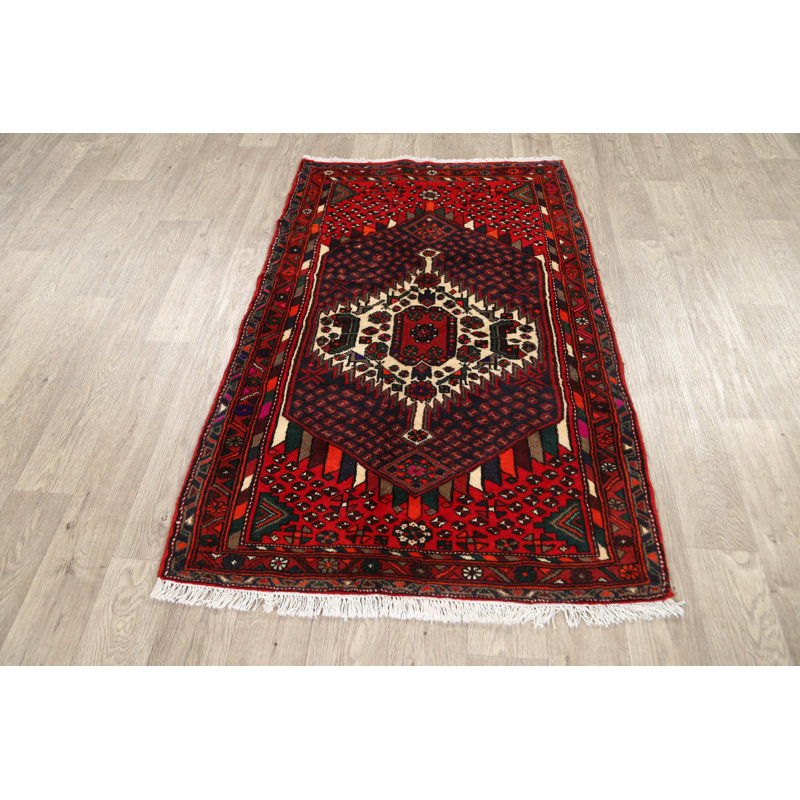 Tapis rouge en laine noué à la main de conception unique 3 pi 1 po x 5 pi Hajrah