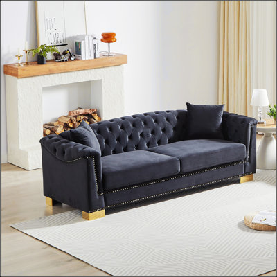 Classic Modern Velvet Chesterfield Sofa, 84-Inch With Rolled Arms And Tasseled Clouds, Perfect For Luxurious Living Rooms And Bedrooms.
