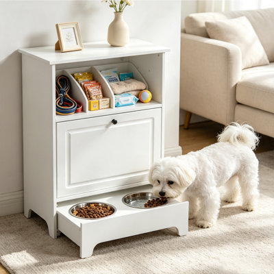 Raised Dog Feeder Station with Storage Cabinet, 2 Detachable Stainless Steel Bowls, Multi-Zone Pet Supplies Organizer for Medium & Large Dogs and Cat