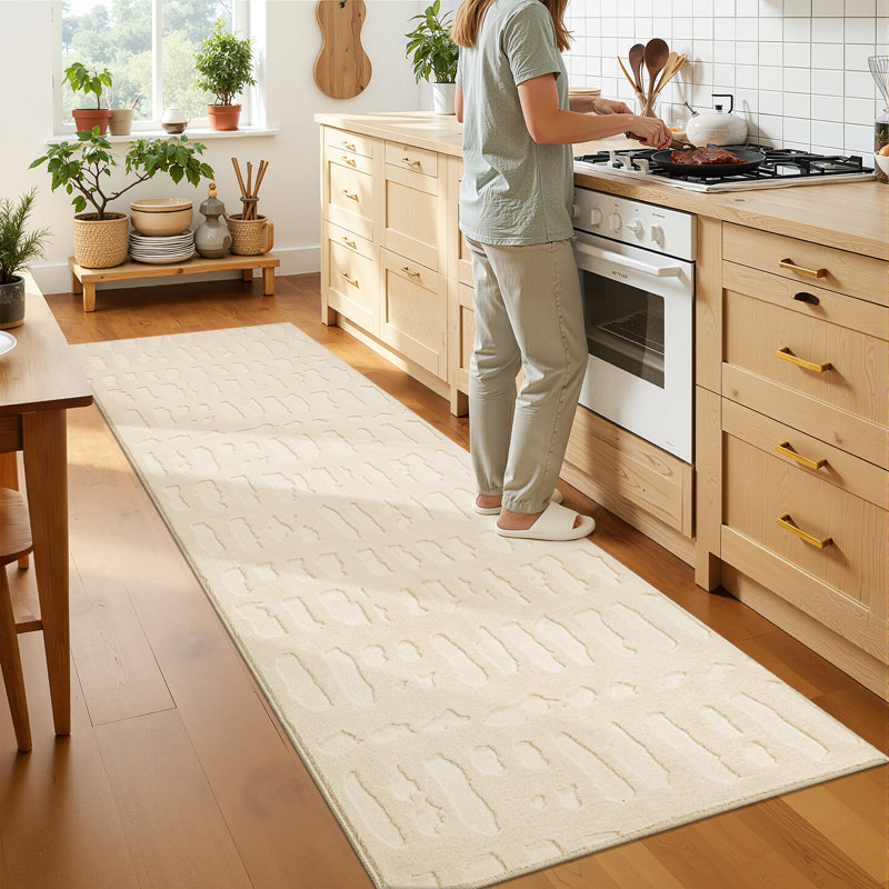 Modern Plush Velvet Carpet Washable Non-Slip Ivory Area Rug, Runner 3' x 8'