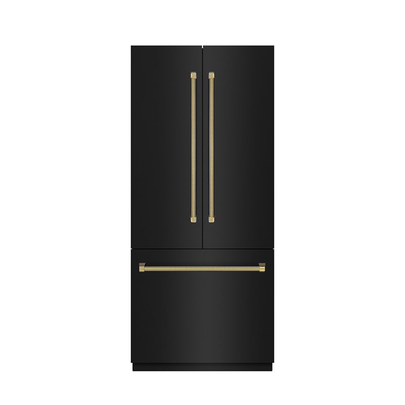 ZLINE Autograph 36 in. Black Steel French Door Fridge w/ Stainless Interior & Gold Helix Handles, Gold