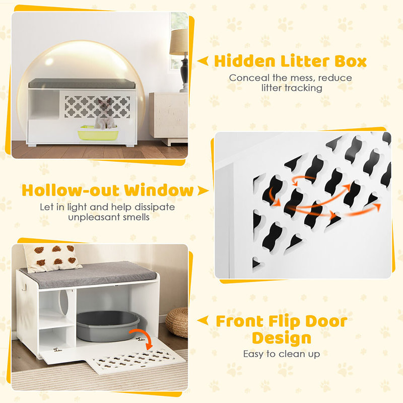 White MDF Cat Litter Box Enclosure with Removable Cushion