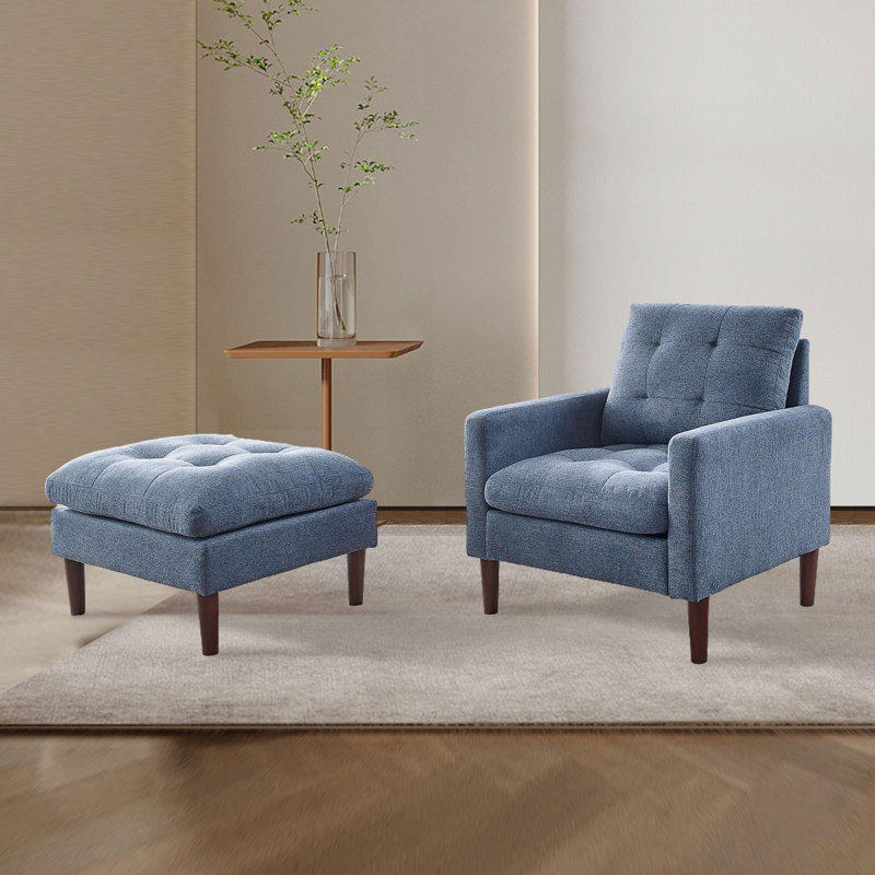 Canapé simple 31,5 "avec pieds en bois massif, Mélange de lin bleu