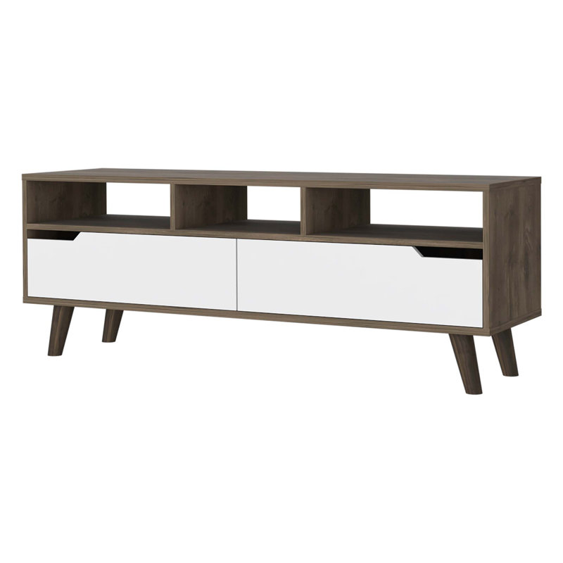Meuble télé pour téléviseur de 52 po, trois tablettes ouvertes, deux tiroirs flexibles, noyer foncé / blanc