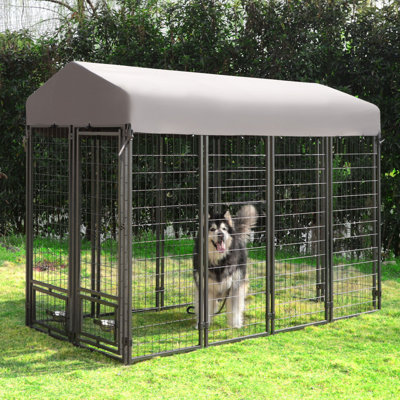 Outdoor Dog Kennel with Rotating Feeding Door, Stainless Bowls and Upgraded Polyester Roof