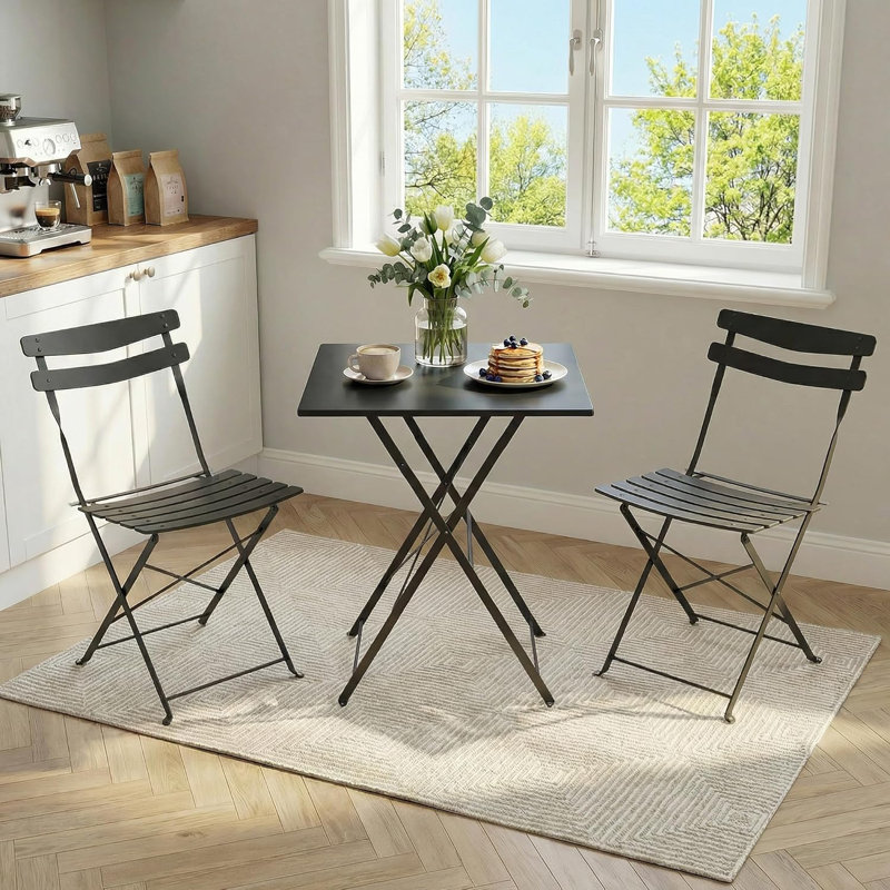 Ensemble bistro 3 pièces, table et chaises de patio pliables, sans assemblage, noir, Black