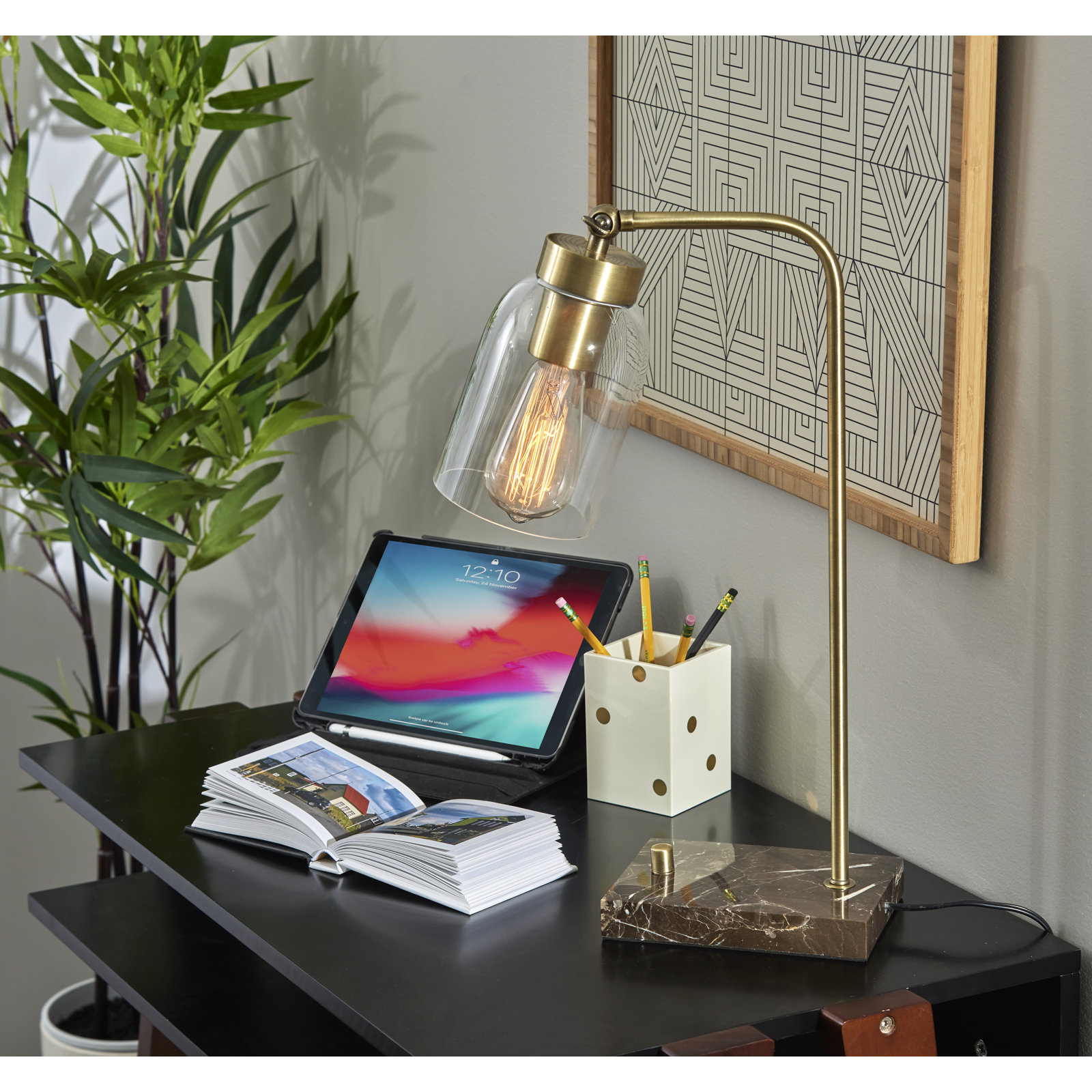 Gemma Genuine Marble Desk Lamp, Antique Brass