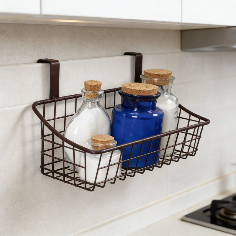 Organisateur de panier suspendu au-dessus de l'armoire - Rangement en treillis métallique pour la cuisine, la salle de bain et les salles de service - Installation sans outil, conception peu encombrante