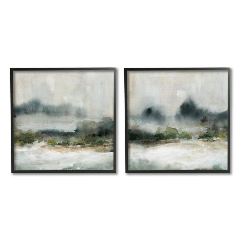 Somber, paysage abstrait, montagne, paysage, aquarelle, détails, ensemble de 2 pièces, estampe numérique encadrée noire par Carol Robinson