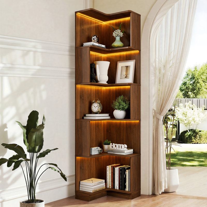 69" 5-Tier Corner Bookcase With LED Lights, L-shaped Display Shelves with Baffles, Freestanding Bookshelf for Living Room & Office