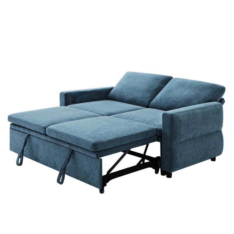 Canapé-lit convertible avec dossier réglable à 3 positions, ports USB pour petits espaces, Chenille bleu