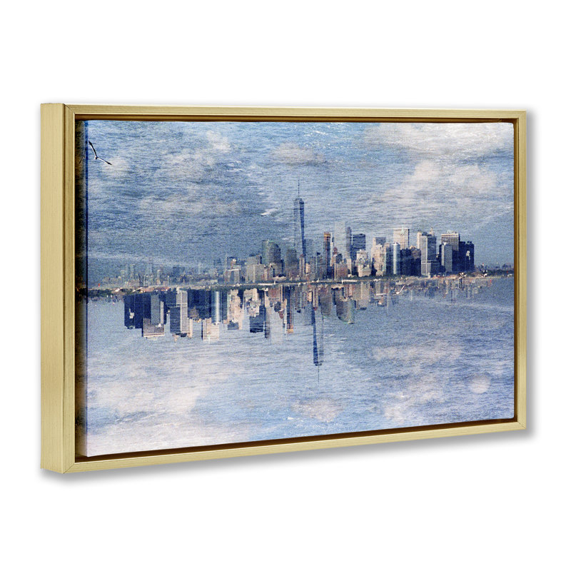 Cadre flottant City City, par Robin Vandenabeele, H 21 po x l 31 po, Cadre flottant métallique doré