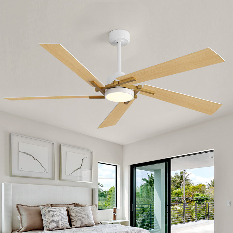 Ventilateur de plafond 64 pouces à 7 pales avec DEL intégré et télécommande, Blanc et doré, Grain de bois naturel