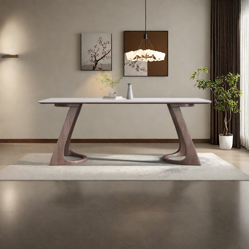 Table en pierre frittée avec base en bois de frêne massif, H 29,5 po x L 86,6 po x l 35,4 po, Blanc, Tanné