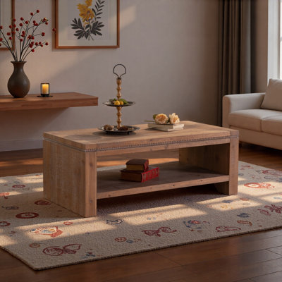 Solid Wood,Rectangle Coffee Table With Solid Wood For Living Room, Large 2-Tier Rustic Coffee Table With Storage Shelf, Office And Apartment, Easy Ass