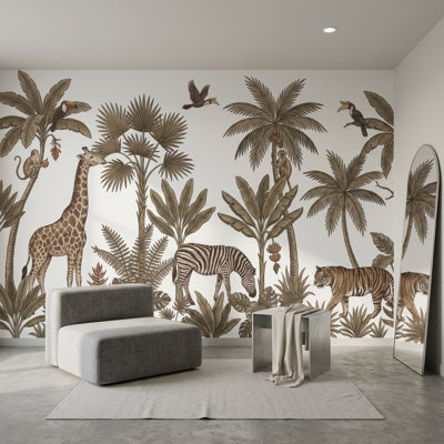 Décoration murale amovible fond botanique fond blanc Jungle Safari