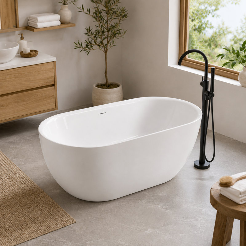 67 in. L x 29.5 in. W Comfort-Fit Freestanding Acrylic Deep Soaking Bathtub with Drain and Overflow, Glossy White