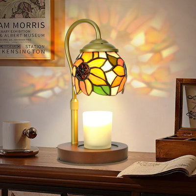 Sunflower Tiffany-Style Candle Warmer Lamp with 2 Bulbs - Handcrafted Stained Glass, Height-Adjustable Timer & 4 Dimmer Levels, No Assembly Required, Fits Jars up to 5"