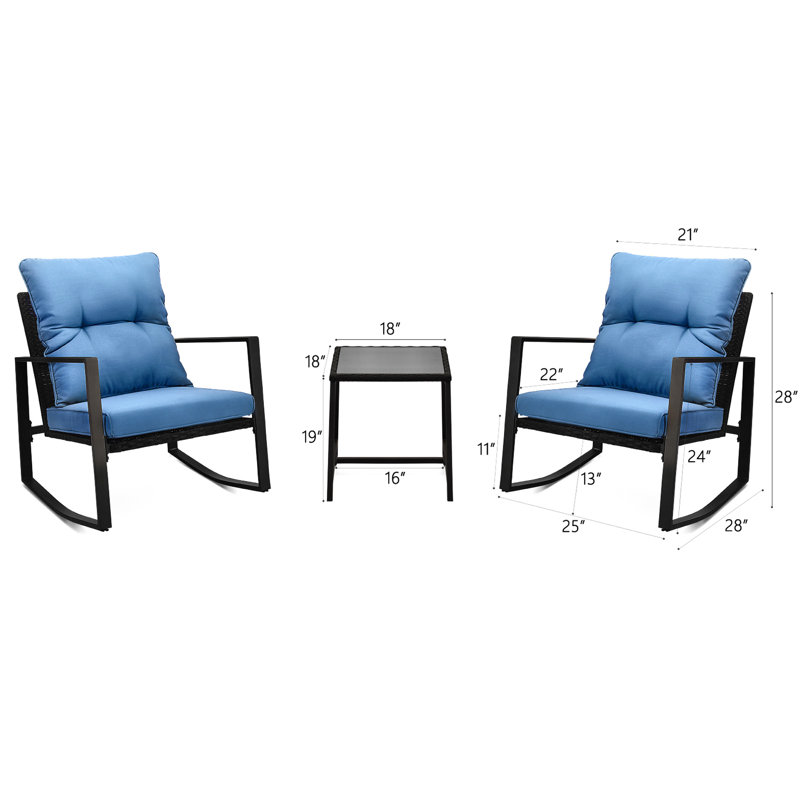 2 Person Outdoor Patio Seating Group - Blue Cushion Chairs Weather For Garden, Terrace, Pool Rocking Chair 3 Pieces With Cushions Lawn, Poolside, Garden Metal & Pe