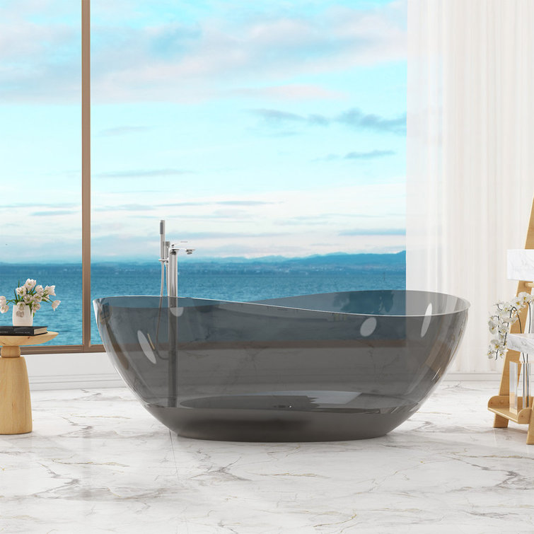 Marfa 63'' x 37'' Oval Wave Semi Transparent Resin Freestanding Soaking Bathtub