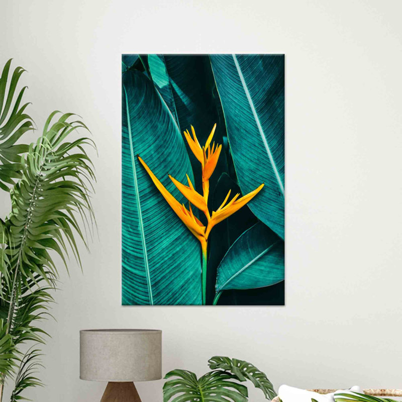 Impression sur toile imprimée: fleur tropicale, feuilles vertes, décoration murale, or 1P, H: 43,4 po x l: 31,6 po