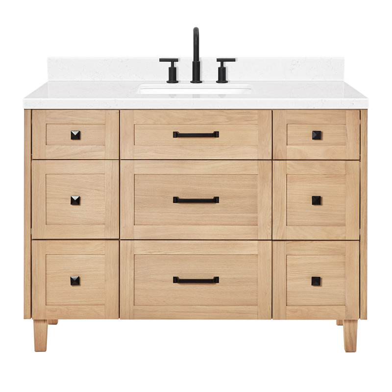ARIEL Monroe 48 Single Sink Bathroom Vanity with Carrara Quartz Top, Oak, 48" - 49", Carrara White Quartz