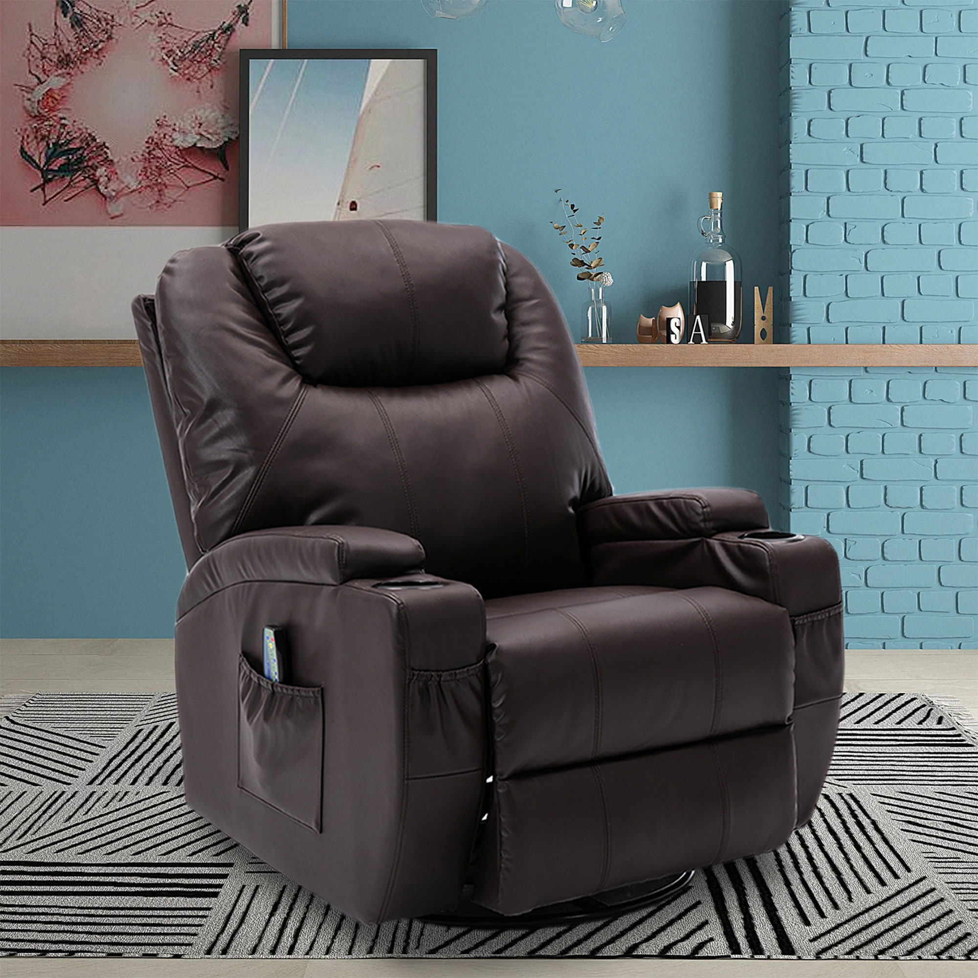 Manual Glider Recliner Swivel Rocking Chair with Lumbar Pillow Cup Holders Latitude Run Leather Type: Brown