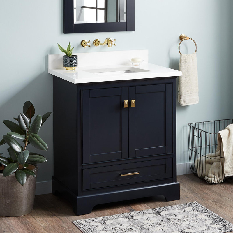 Quen 30" Freestanding Single Basin Vanity Set with Cabinet, Vanity Top, Midnight Navy Blue, Arctic White Quartz