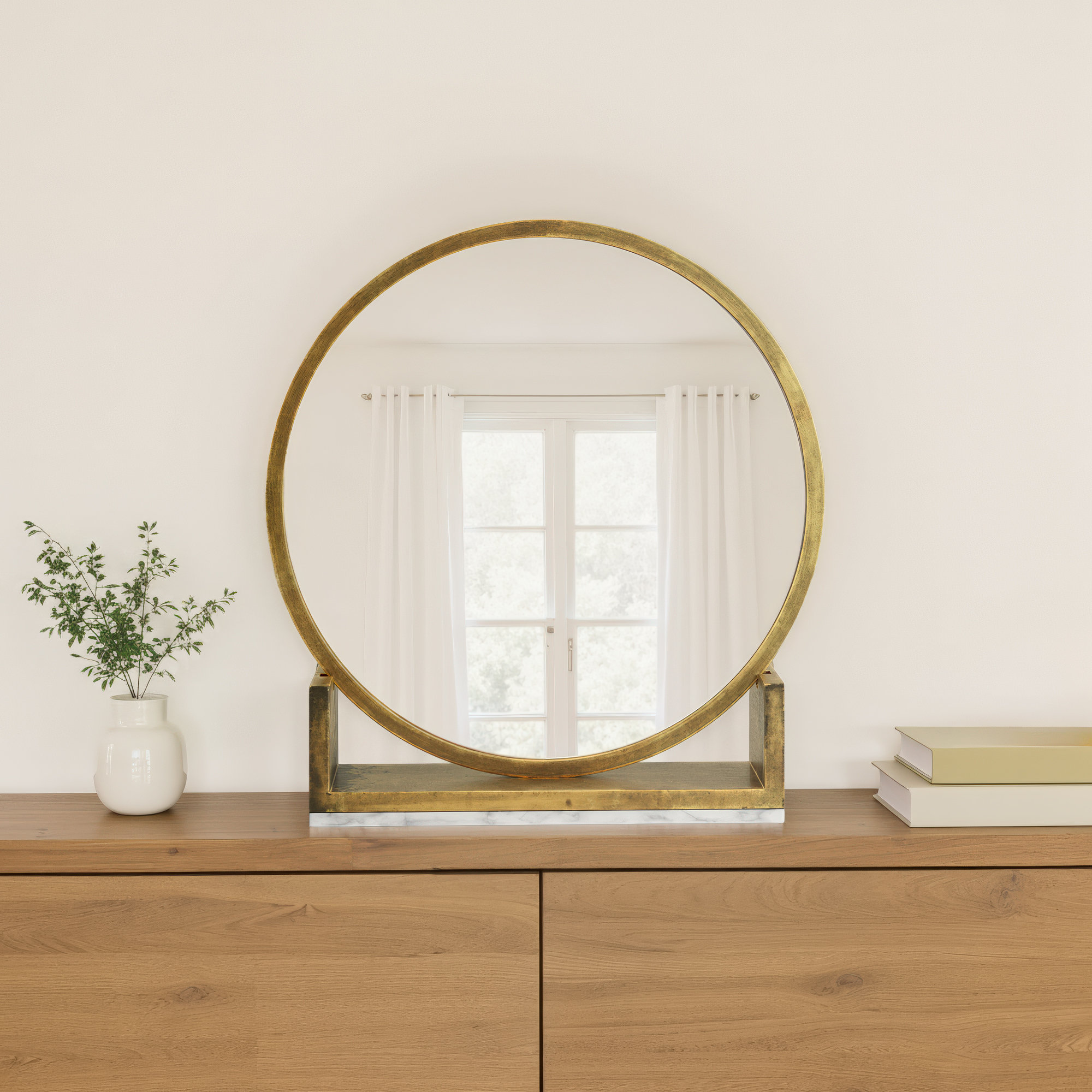 Marble Floor Mirror, Antique Brass