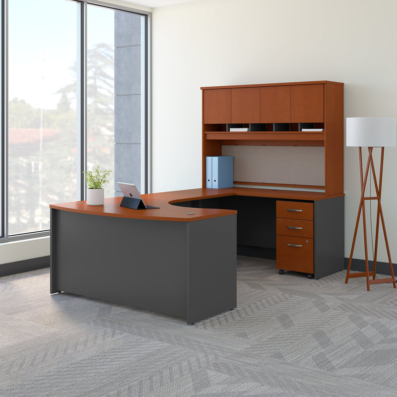 Series C 60W Bow Front U Shaped Desk with Hutch and Storage, Hansen Cherry/Graphite Gray, Right Hand Return