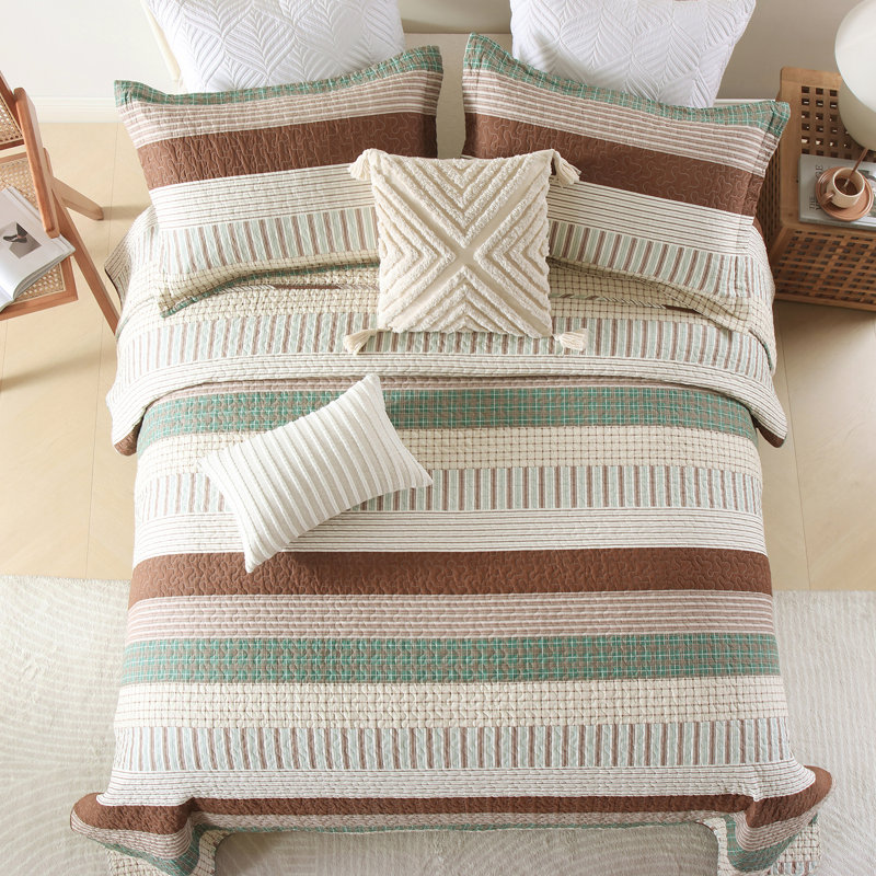 Ensemble de courtepointe 100% coton 98 po x 90 po DDUOXIN - 1 courtepointe avec 2 taies décoratives, Brun / vert / crème