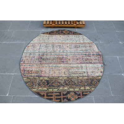 Handmade Vintage Turkish Oushak Rug - Antique Circle Oriental Salon Area Rug in Round Shape
