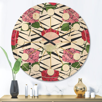 Retro Pink and Red Roses - Mid-Century Modern Wood Wall Clock