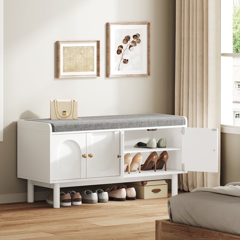 Shoe Storage Bench with Removable Cushion, Shoe Bench with  Adjustable Shelf for Entryway, White